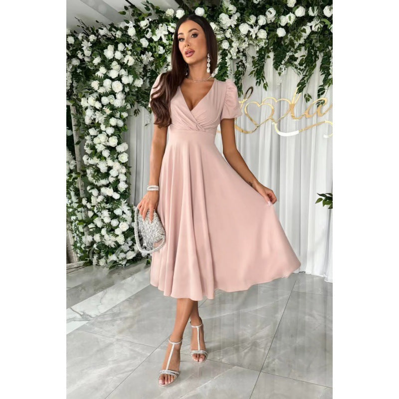 Commuter Solid Color Puff Sleeve Large Dress