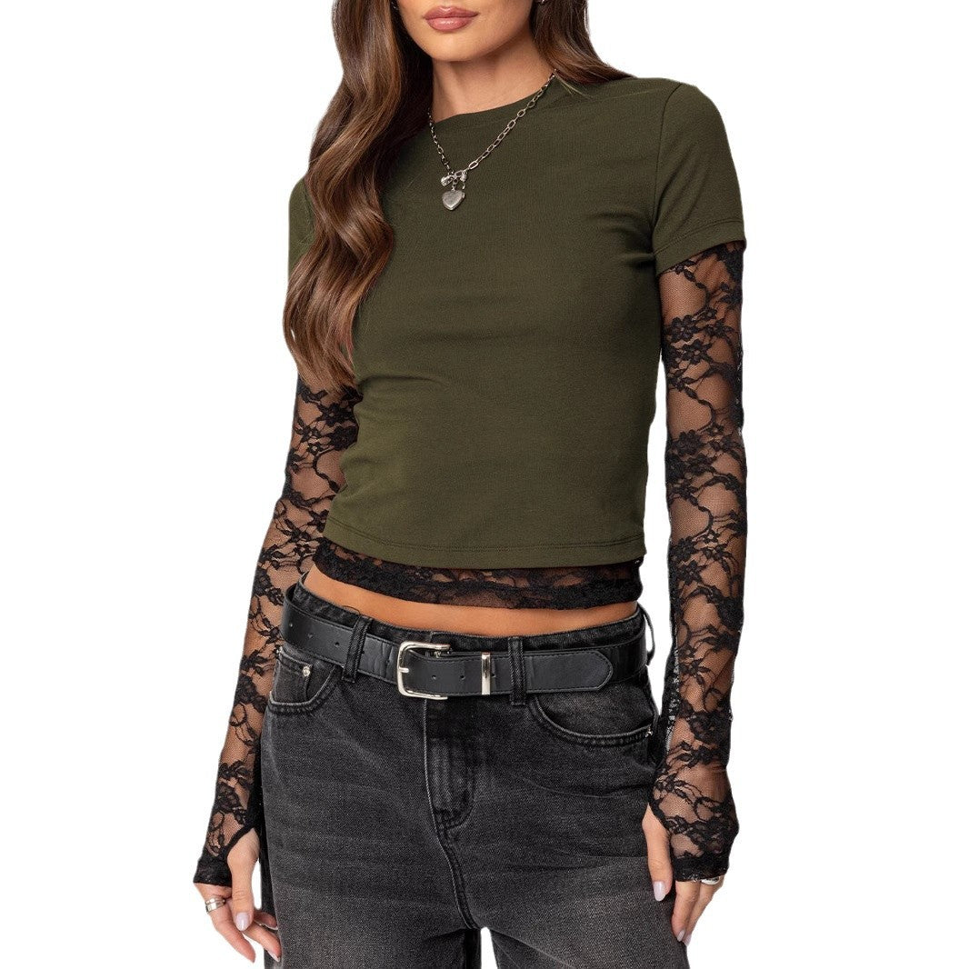Women's Stitching Sleeves Fake Two-piece Long Sleeve Blouses