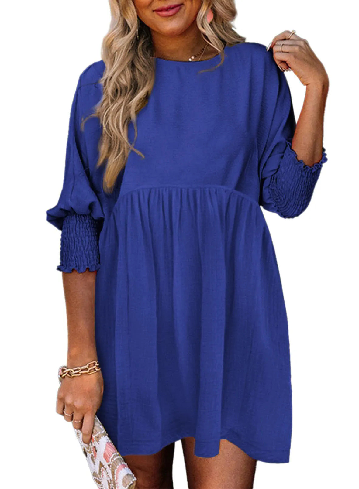 Women's Round Neck Girdle Cuff Pleating Casual Dresses