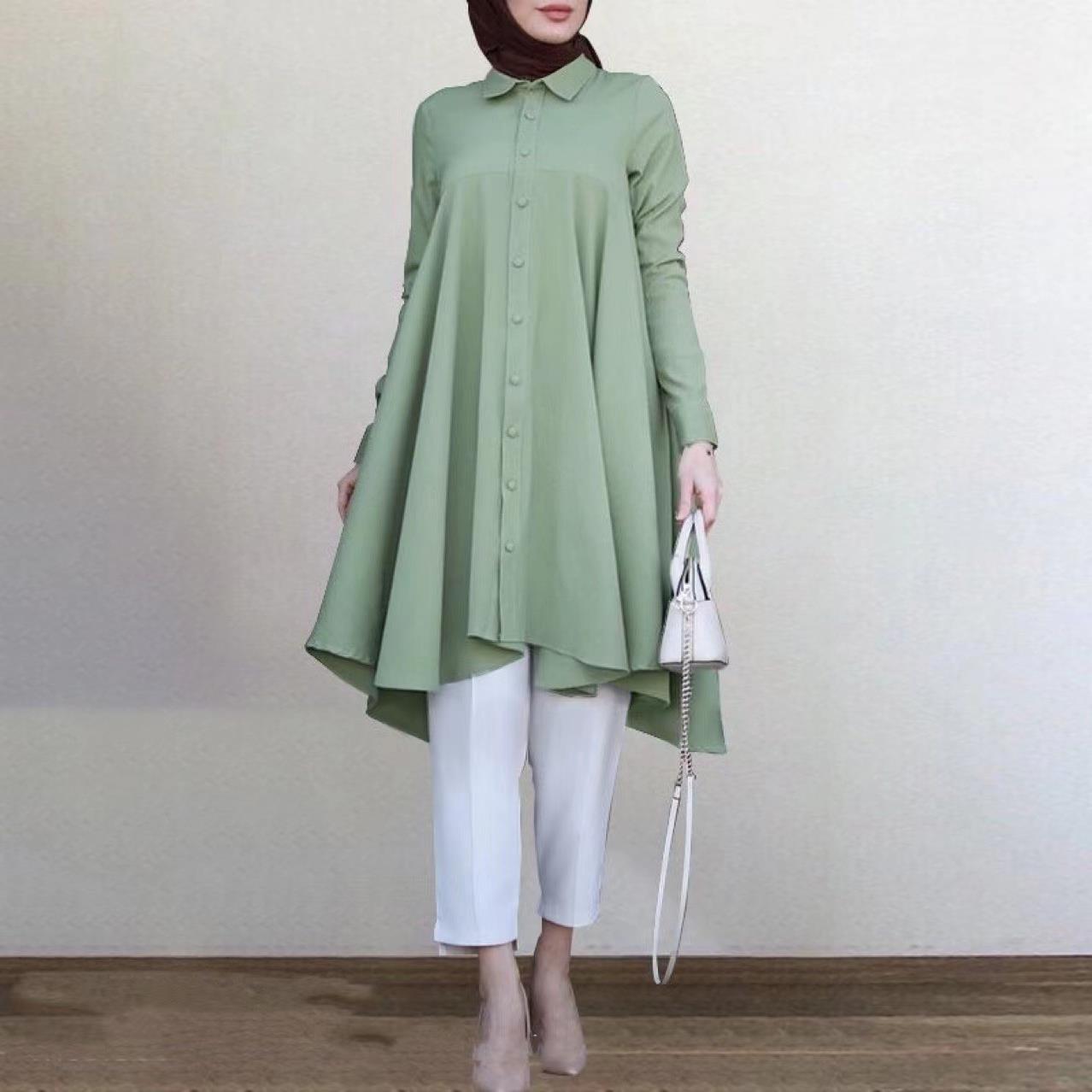 Women's Solid Color Polo Collar Button Placket Dovetail Curved Hem Blouses