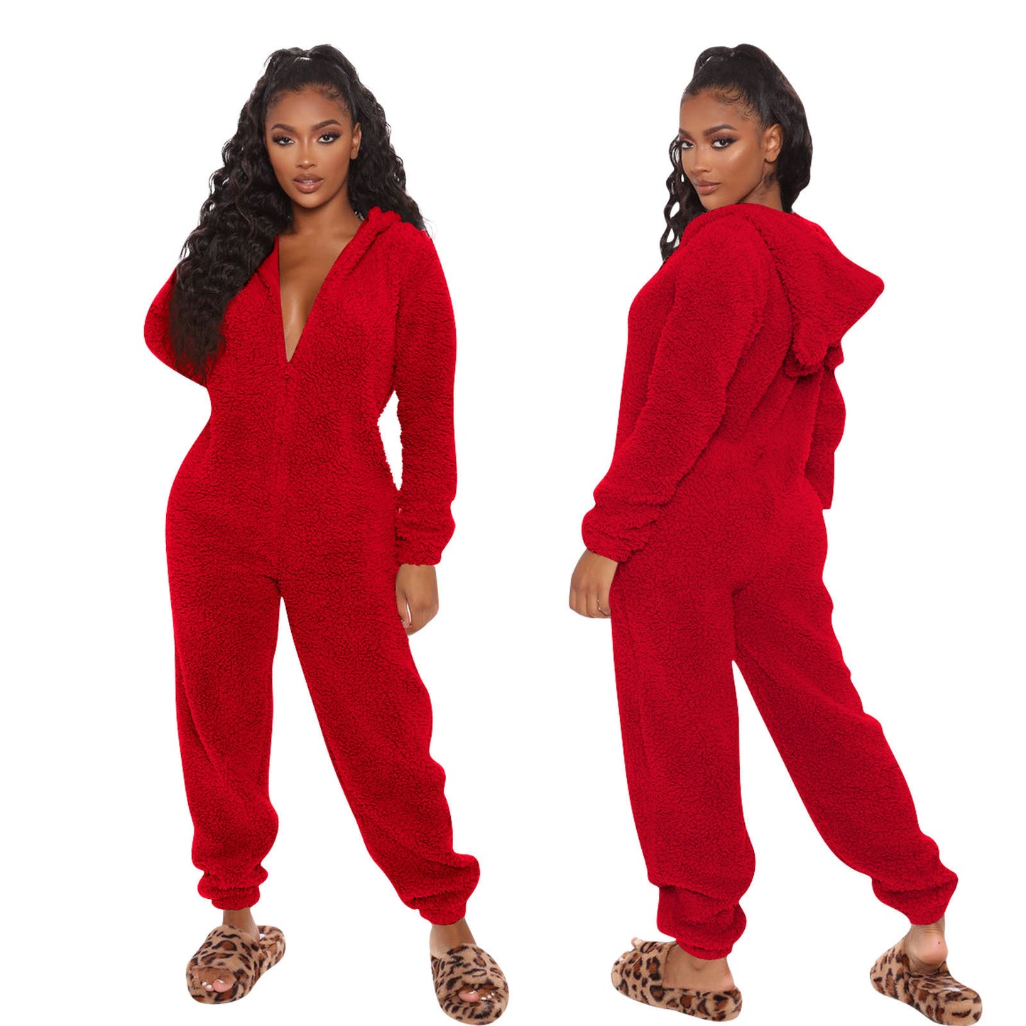 Long Sleeve Hooded Casual Trousers Plush Jumpsuits