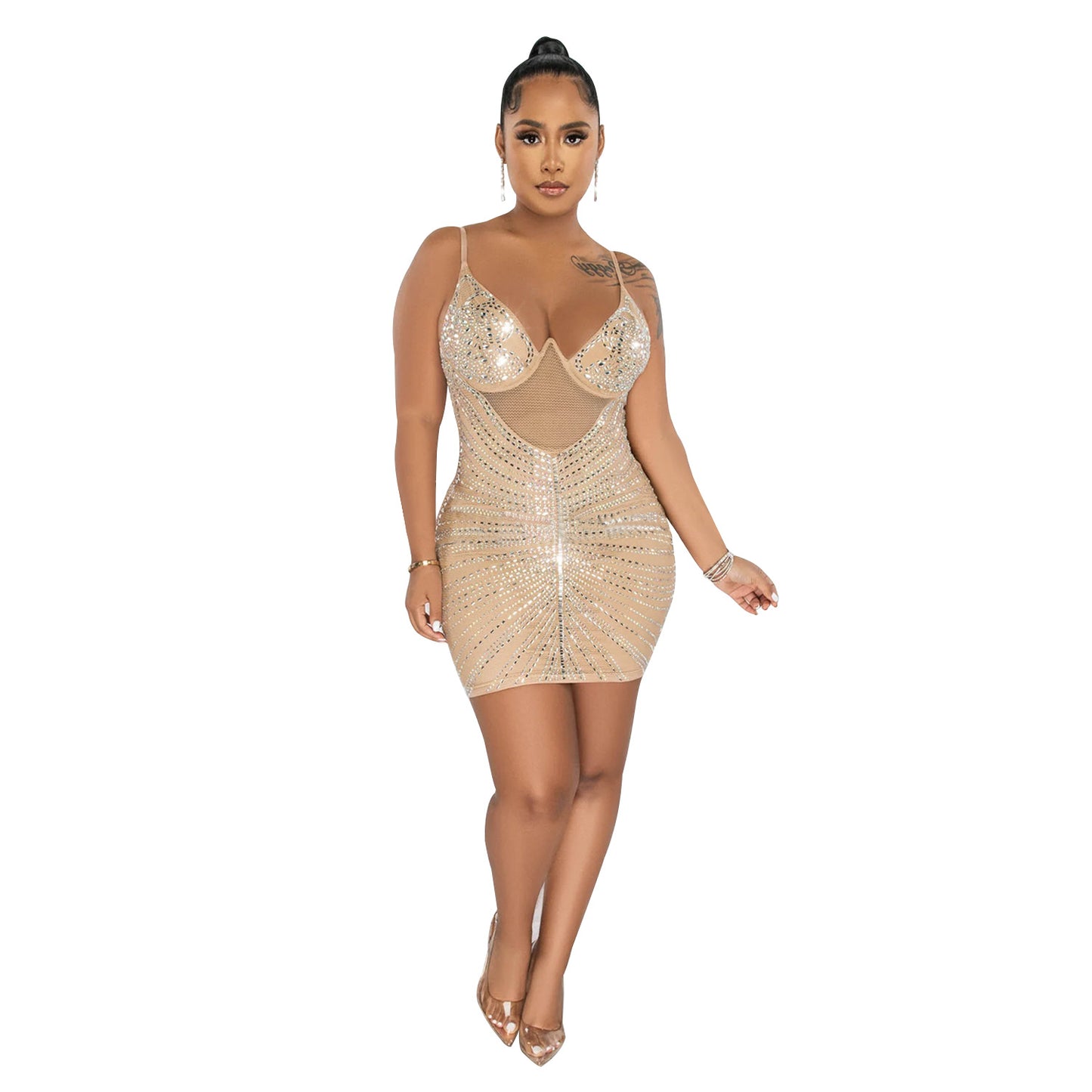 Women's Fashion Wear Rhinestone Mesh Camisole Sleeveless Dresses