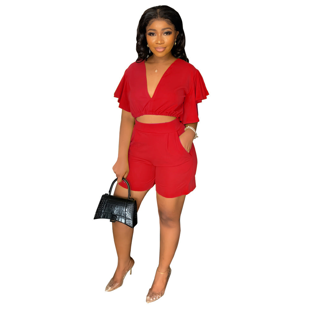 Cool Ruffled Casual Summer Two-piece Set Suits