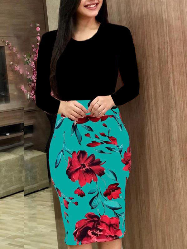 Unique Women's Autumn Flower Sheath Large Clothing