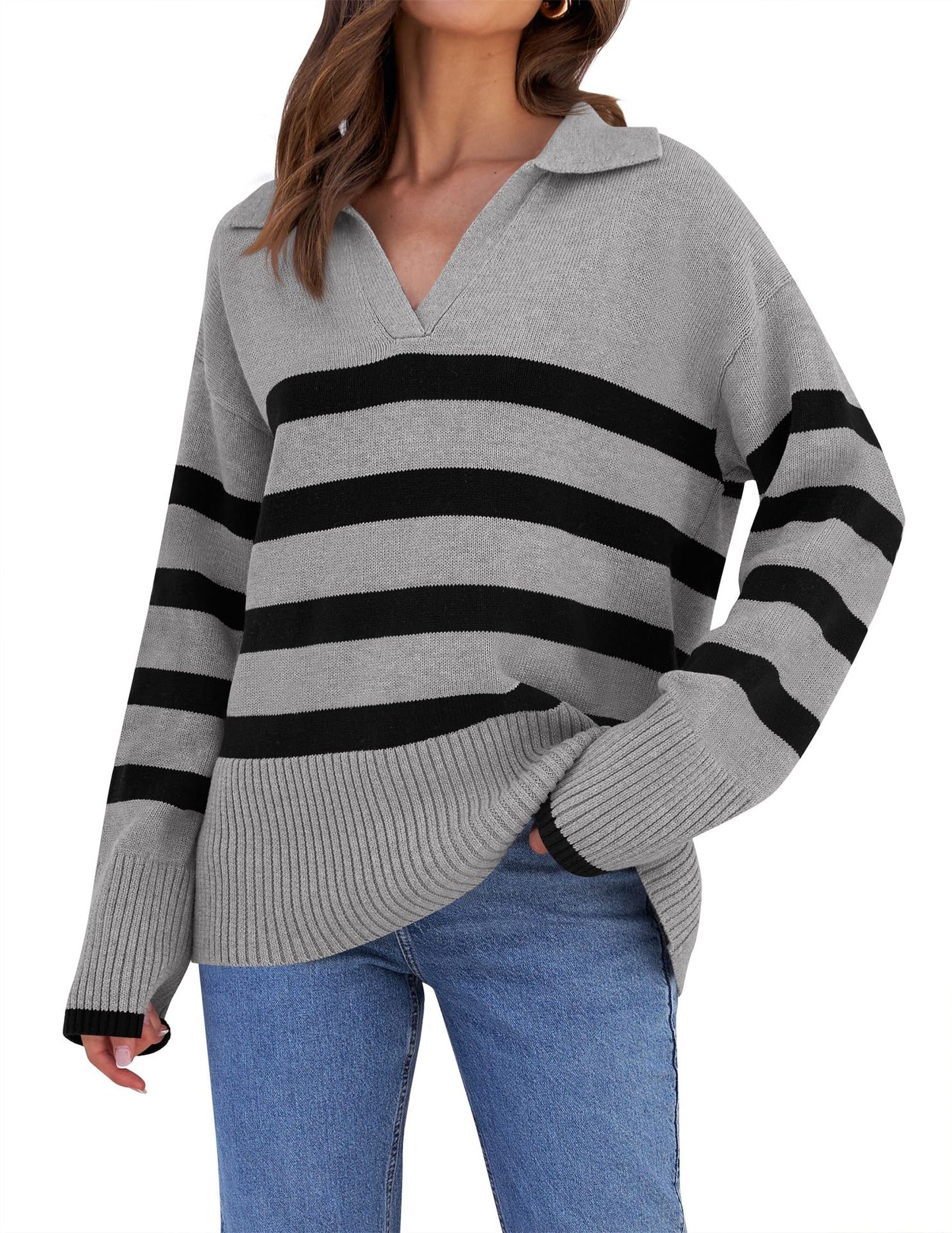 Women's Basic Loose Long Sleeve Outerwear Striped Polo Collar Sweater