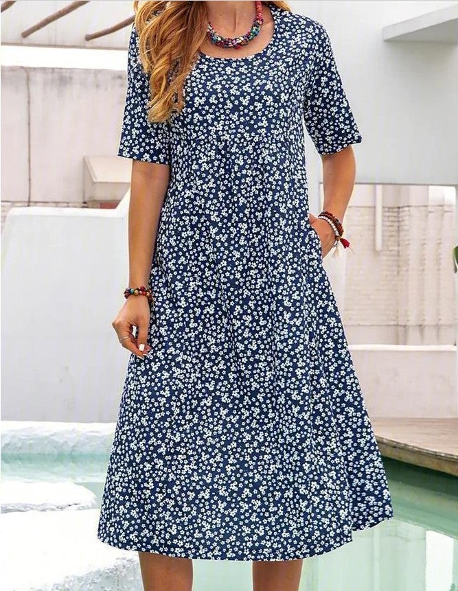 Floral Round Neck Pocket Sleeve Casual Mid-length Dress