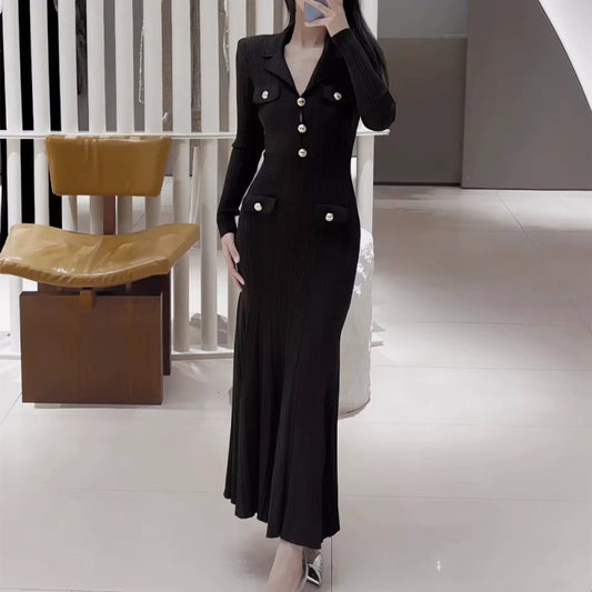 Collar Gold Buckle Vertical Stripes Long Fish Dresses