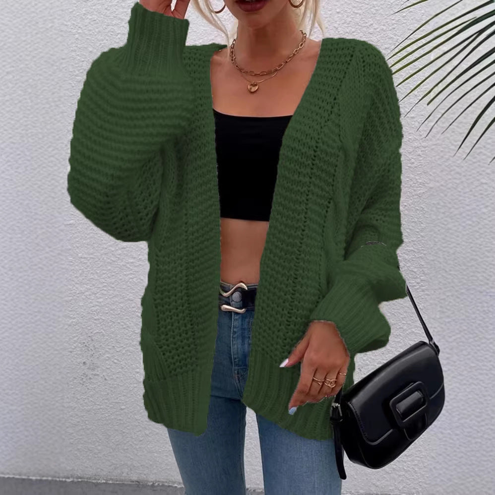 Women's Casual Long Sleeve Thick Knitted Twine Rope Loose Lantern Cardigans