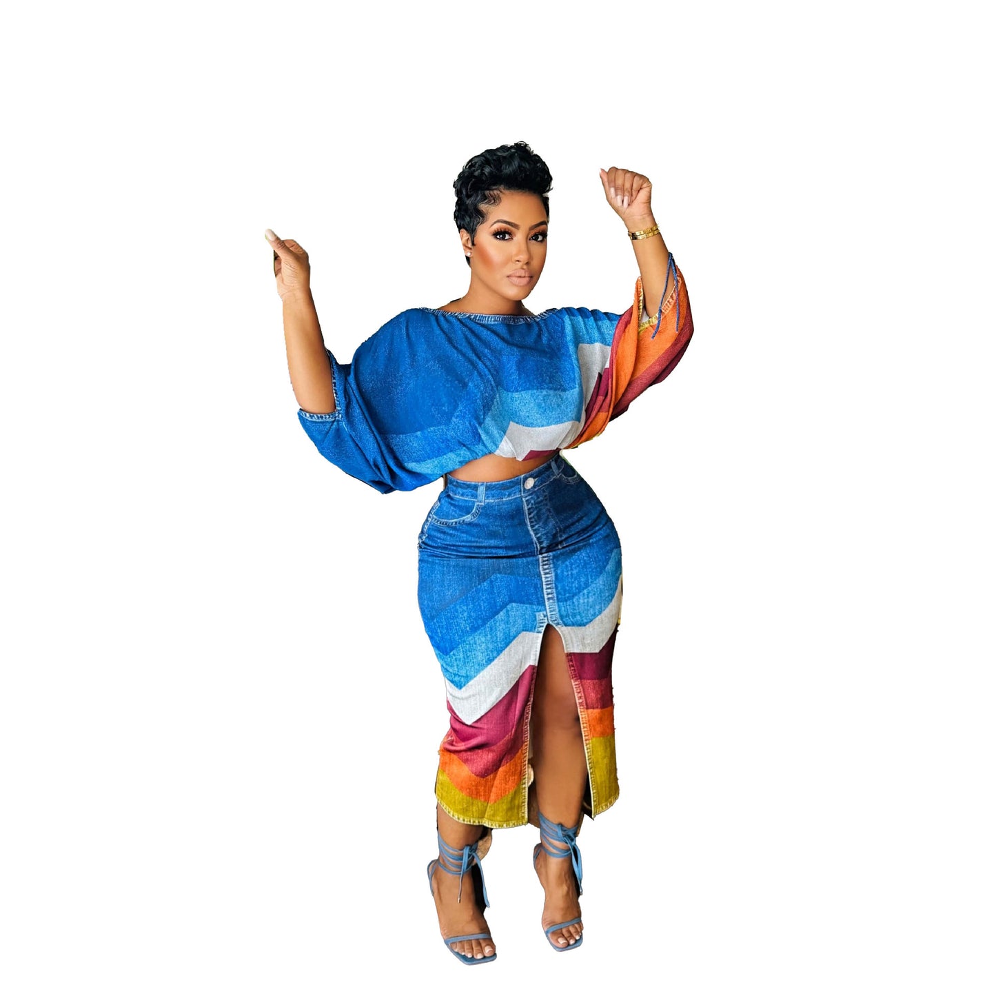 Printed Batwing Sleeve Split Two-piece Set Suits