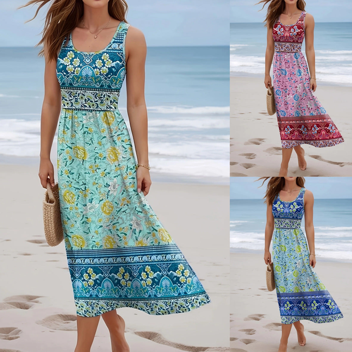 Women's Printed Seaside Beach Sleeveless Long Jumper Dress