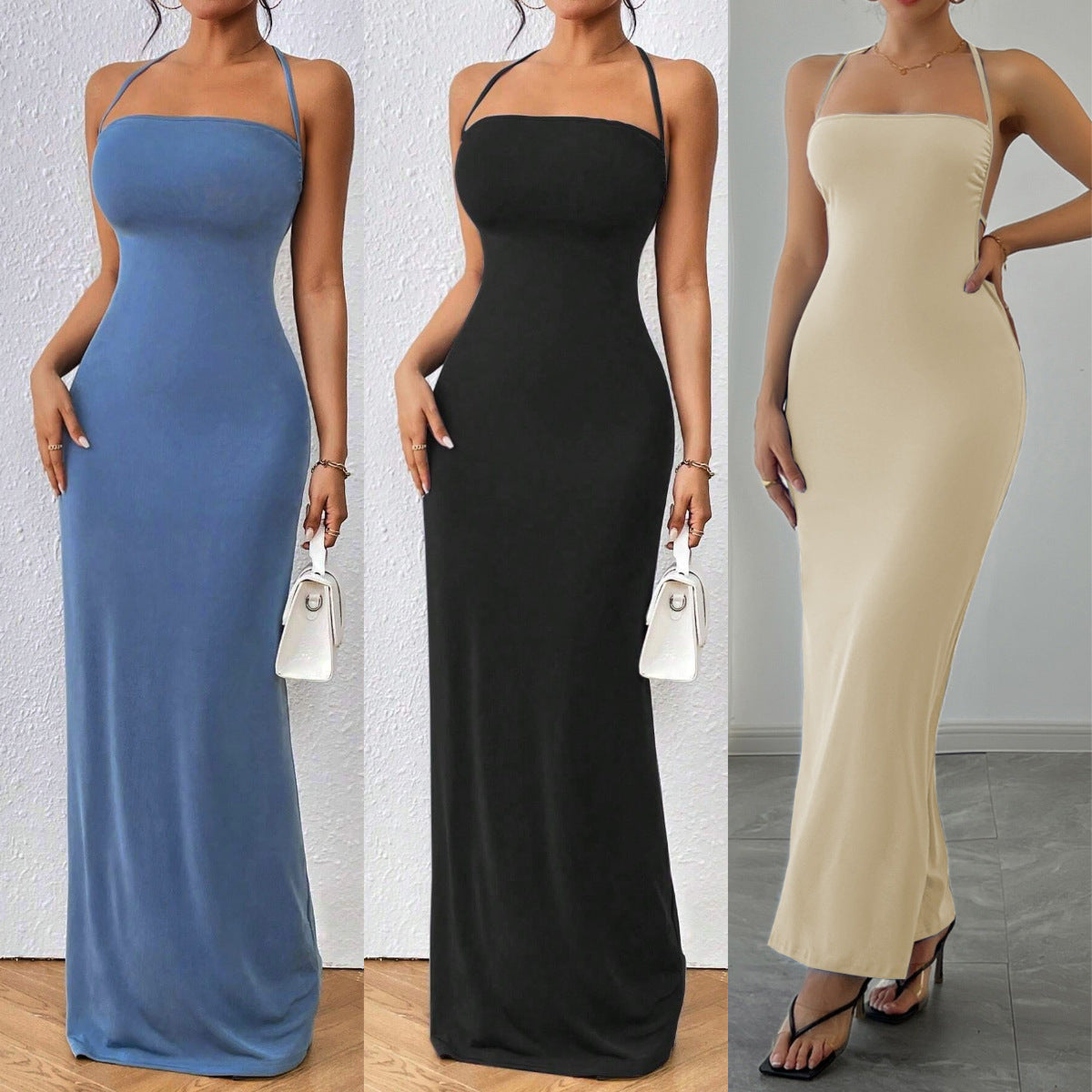 Summer Knitted Backless Suspender Elegant High Waist Dress