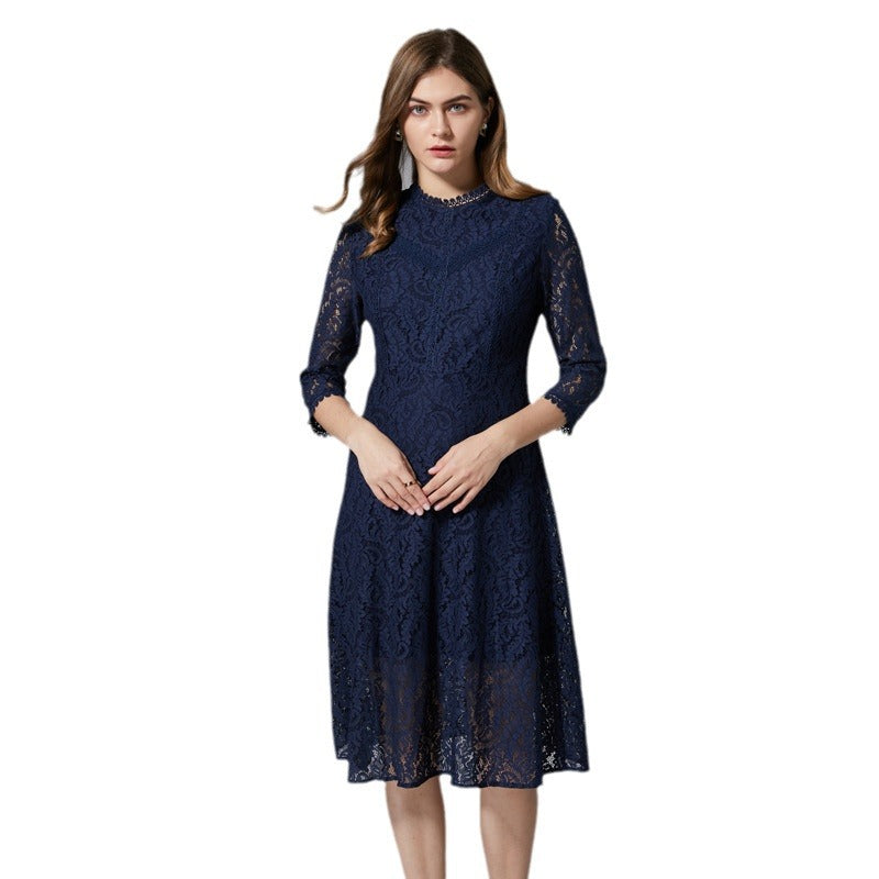 Women's Blue Lace Dress Loose Large Swing Casual Slimming A- Skirts