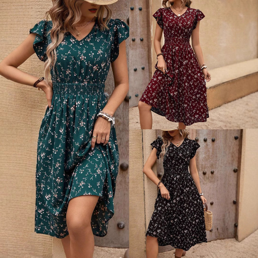 Bohemian Style Floral Print Smocking Waist Sleeve Dress