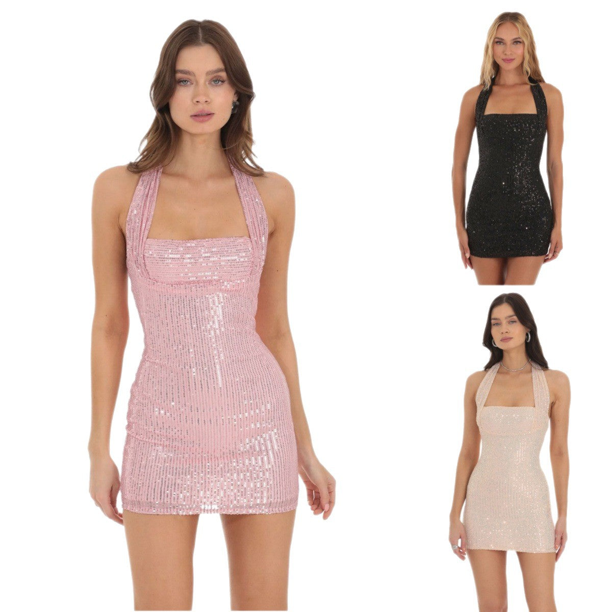 Women's Popular Halter Sequins Dress Fashion Color Dresses