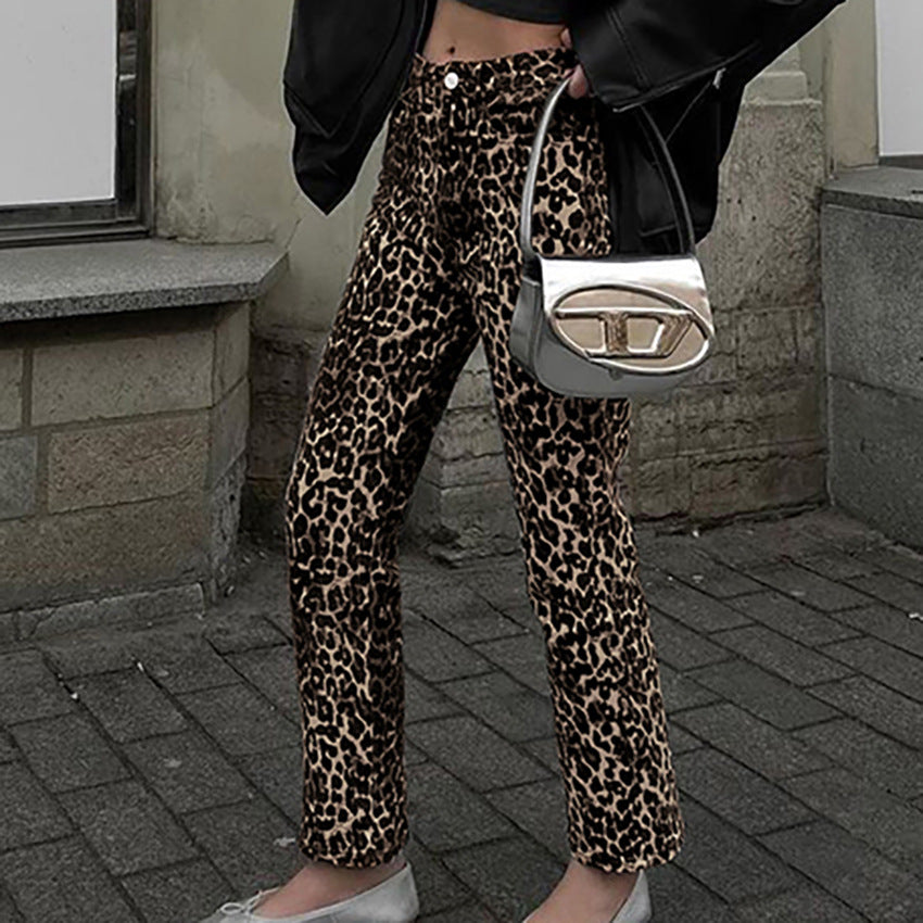 Leopard Print High Waist Straight Retro Pants