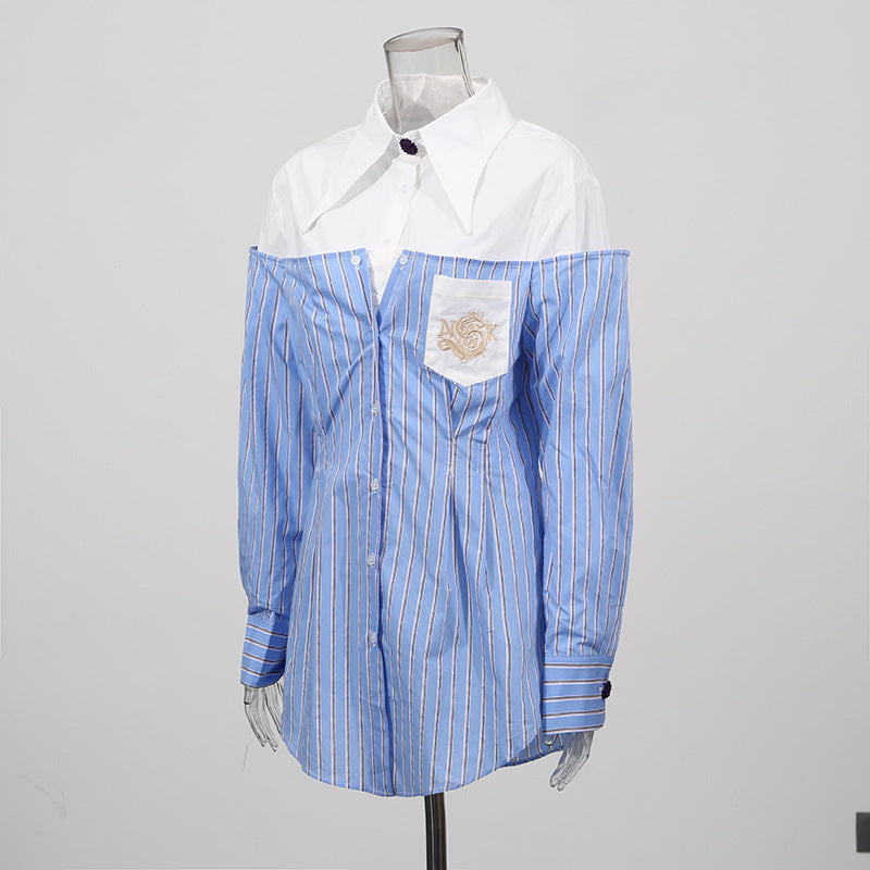 Women's Design Long Sleeve Striped Stitching Fake Two-piece Blouses