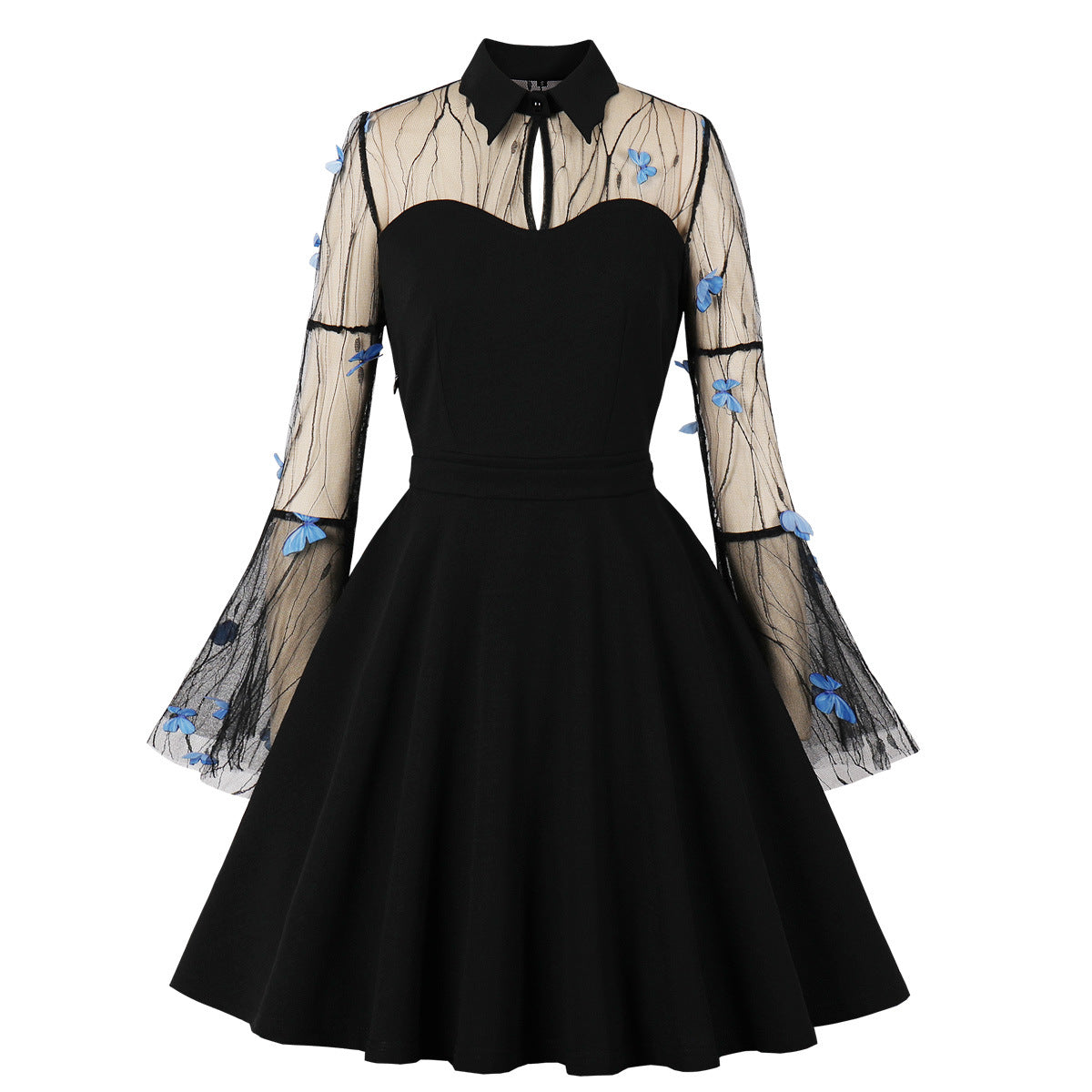 Women's Mesh Embroidered Bell Sleeve Patchwork Retro Dresses