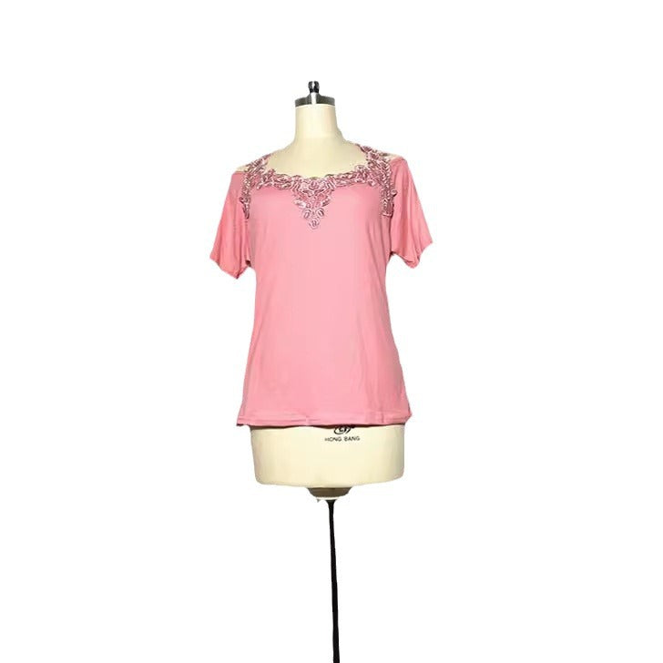 Women's Stitching Sleeve Lace Casual Loose-fitting T-shirt Shorts