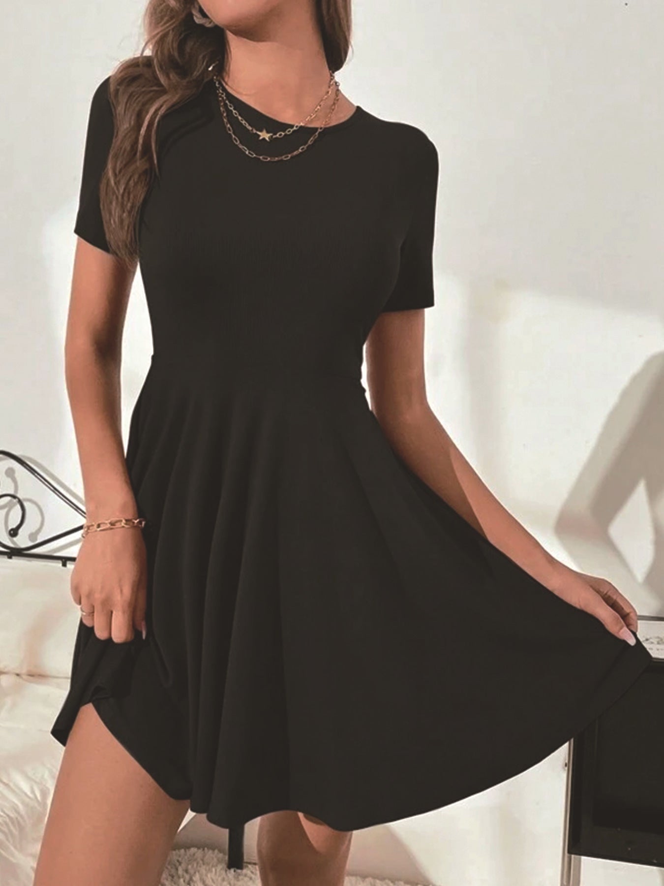 Women's Color Rib Fabric Stitching Casual Fashion Round Neck Dress
