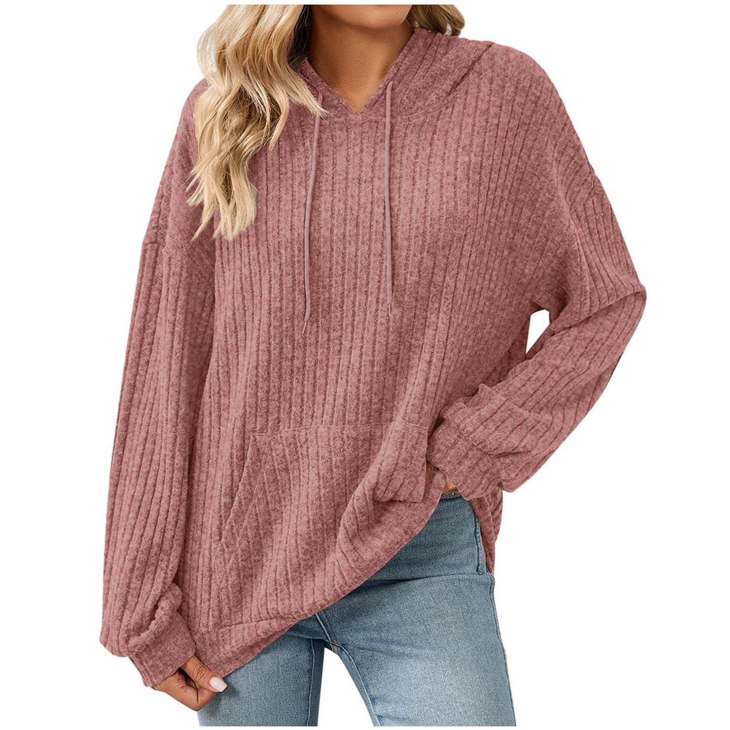 Women's Color Long Sleeve Hooded Sunken Stripe Women's Sweater, Sweater