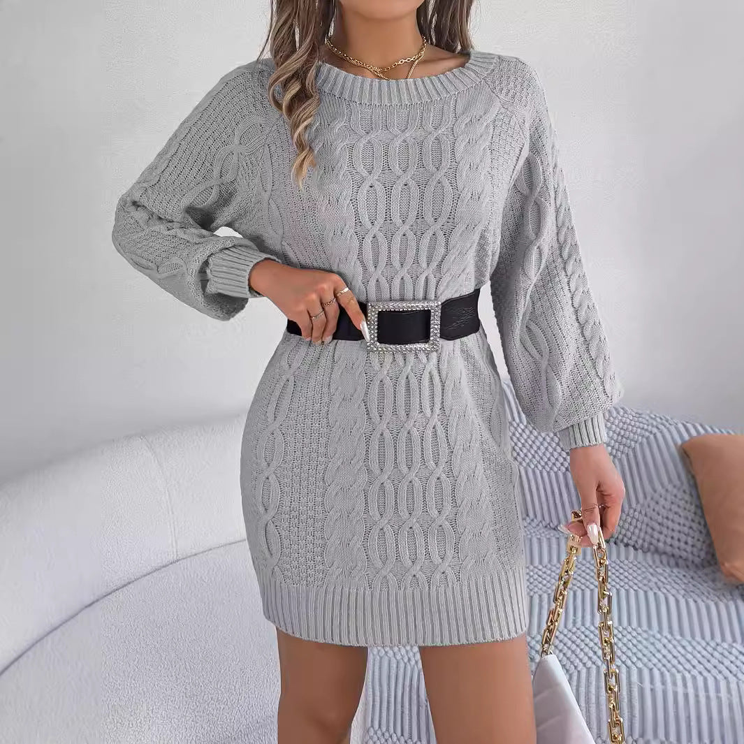Women's Solid Color Twist Lantern Sleeve Straight Dress