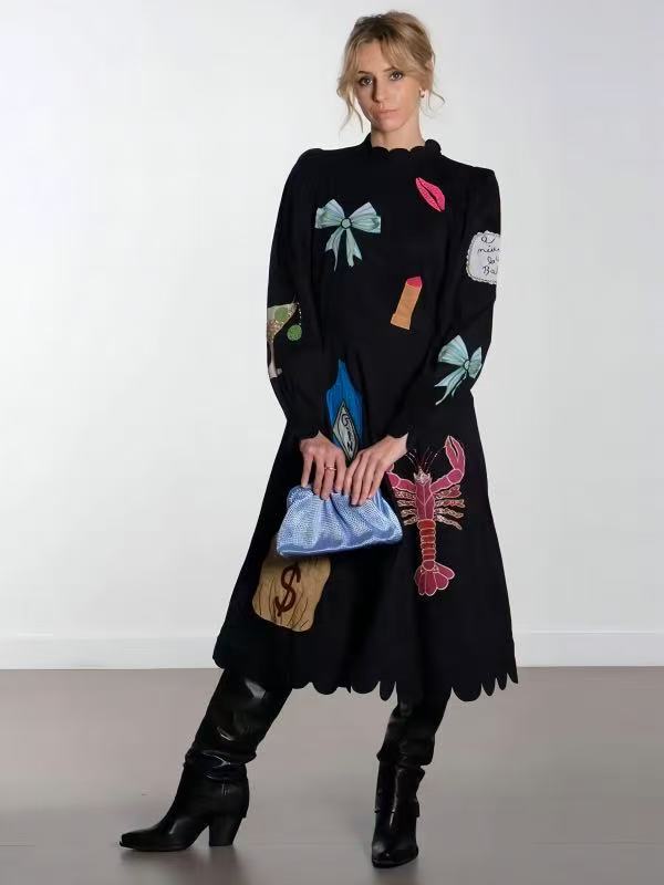 Women's Summer Fashion Wear Crayfish Print Long-sleeved Dresses