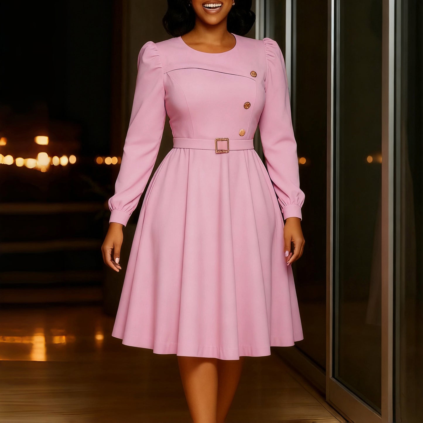 Neck Long Sleeve High Waist A- Line Elegant Party Solid Dress