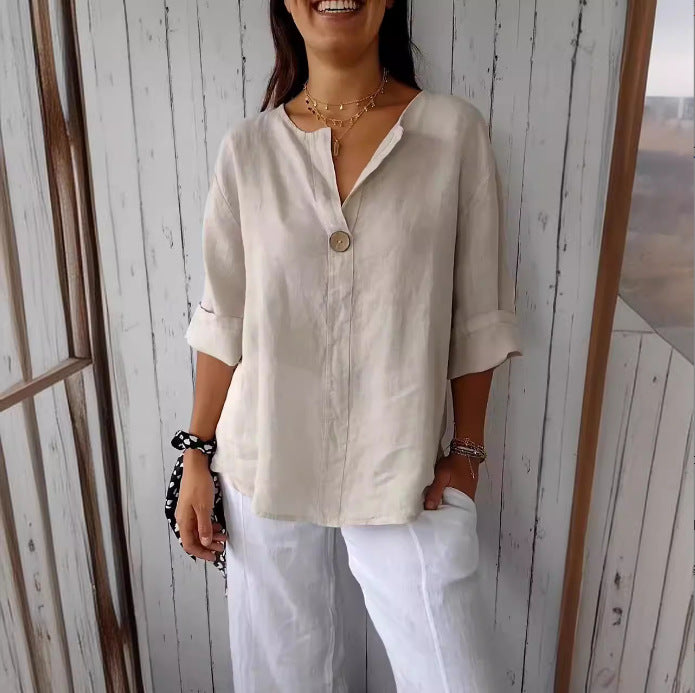 Women's Summer Loose T-shirt Cotton Linen Button Blouses