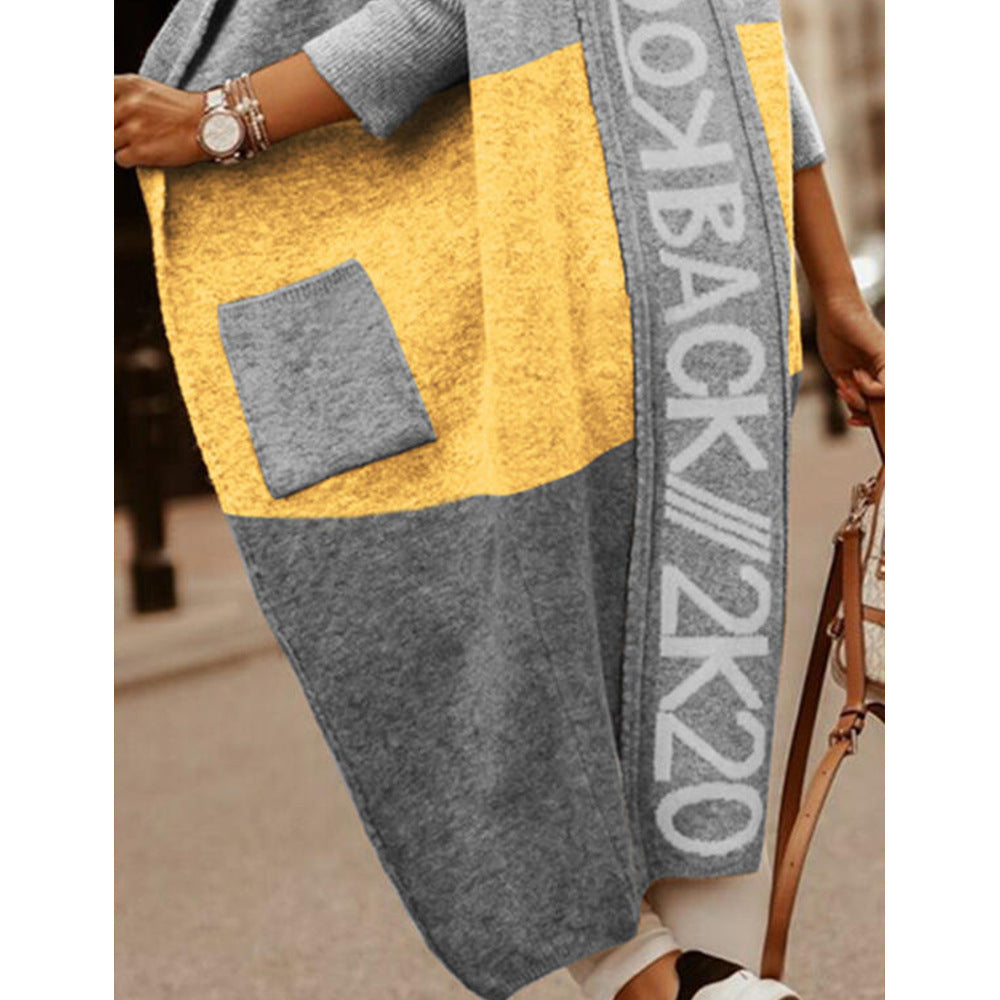 Women's Color Matching Pocket Hooded Casual Long Knitwear