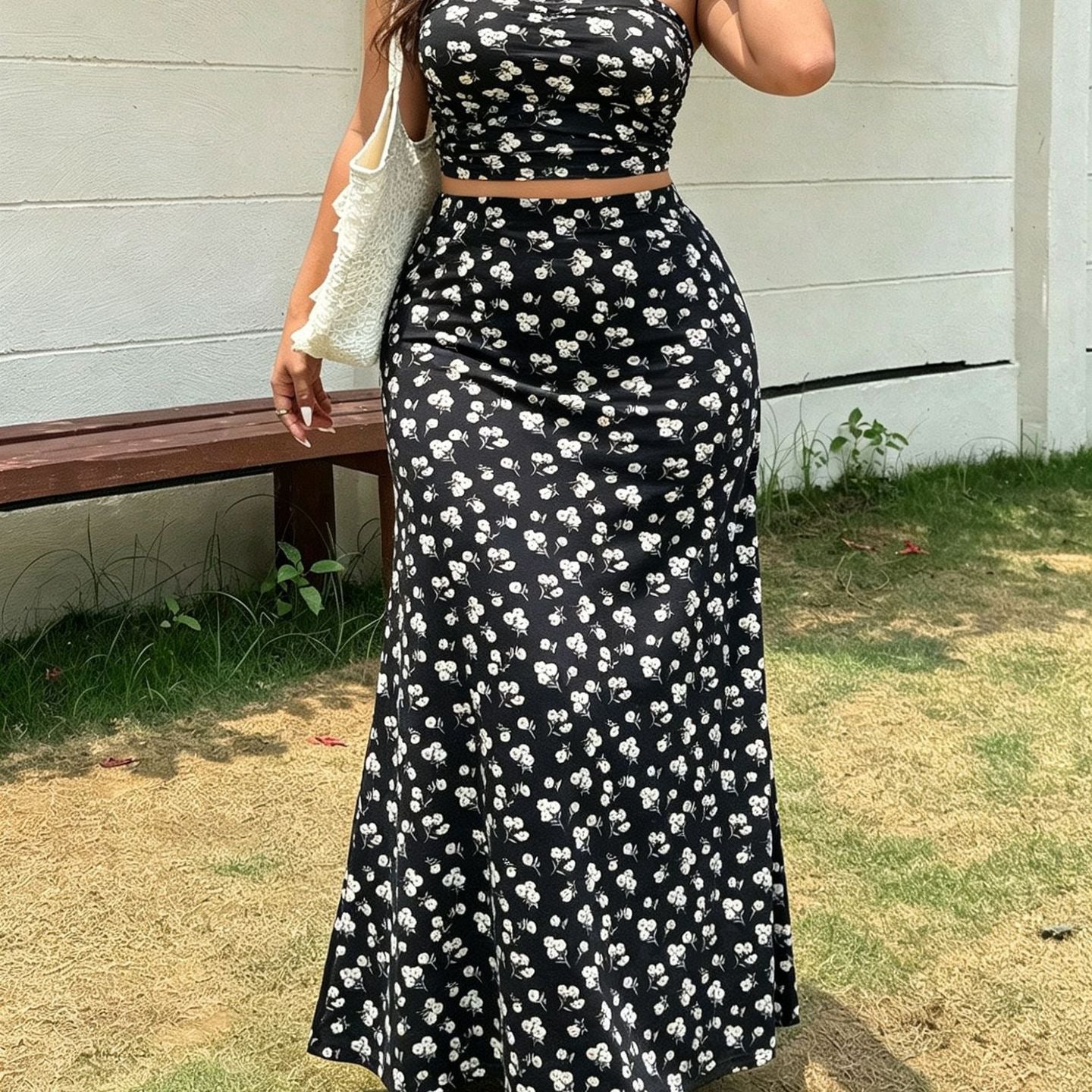 Summer French Style Small Floral Print Tube Vacation Two-piece Dress