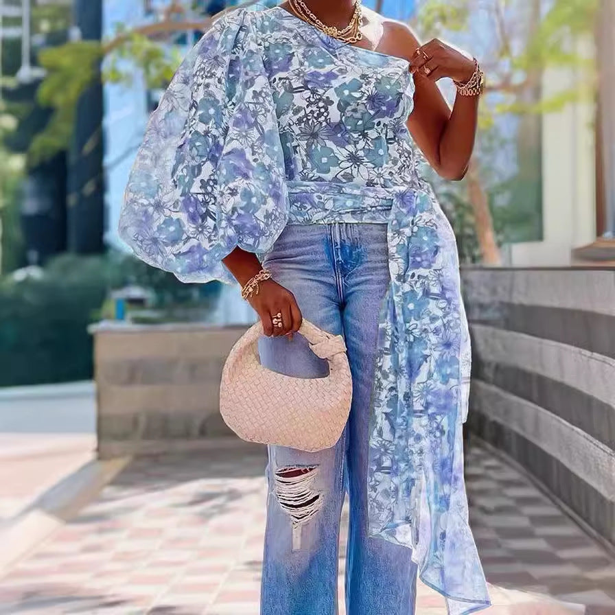 Women's Sexy Digital Printing Sleeve Bell Blouses