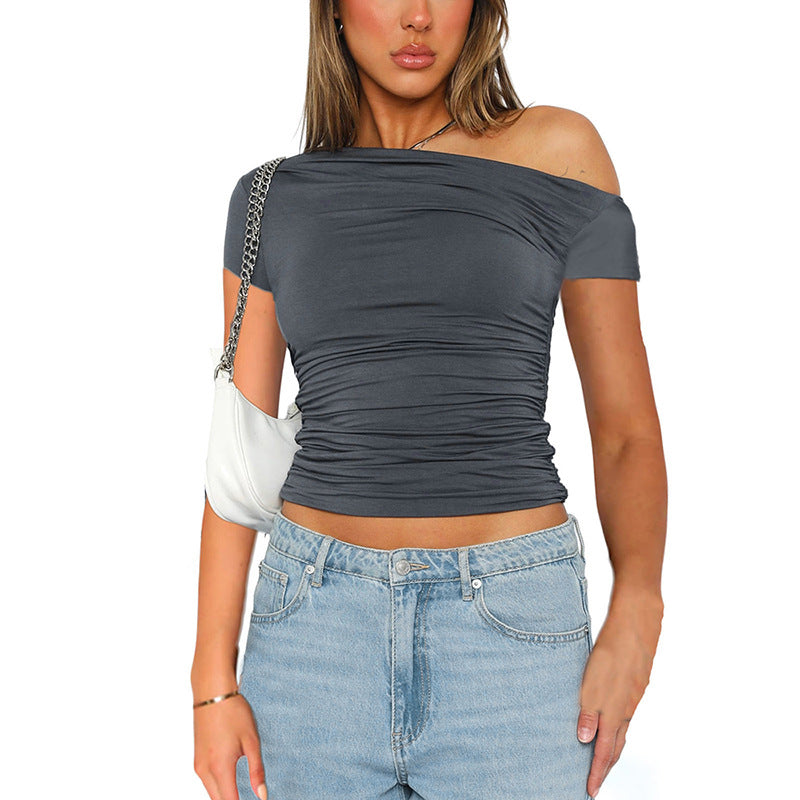 Women's Spring Solid Color Shoulder Sleeve Pleated Blouses