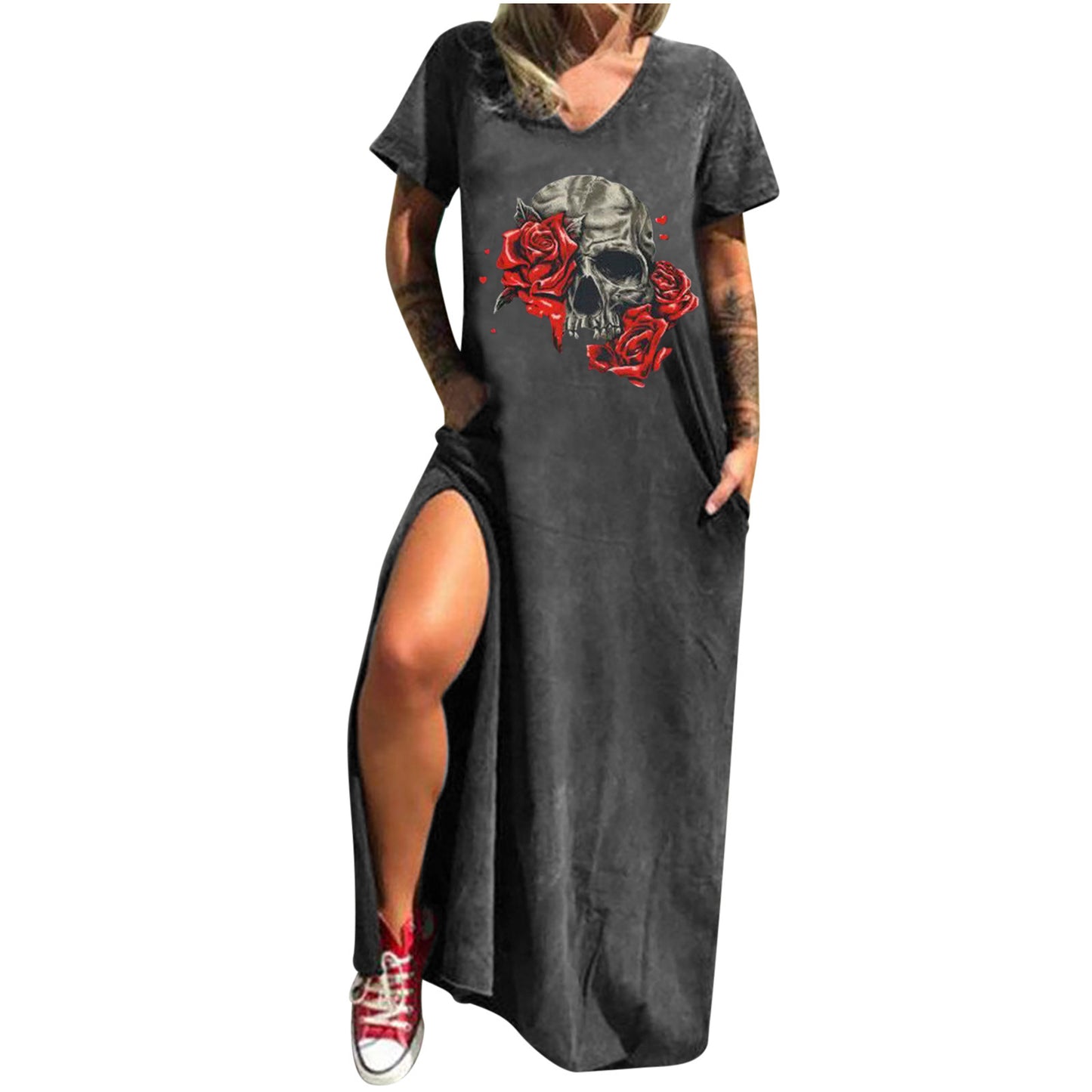 Skull Print Street Fashion Sleeve Slit Shorts