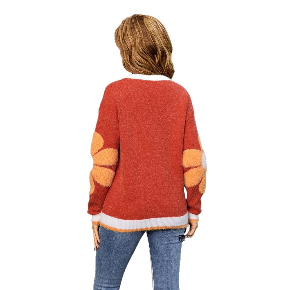 Women's Flower Woolen Long Sleeve Round Neck Sweater