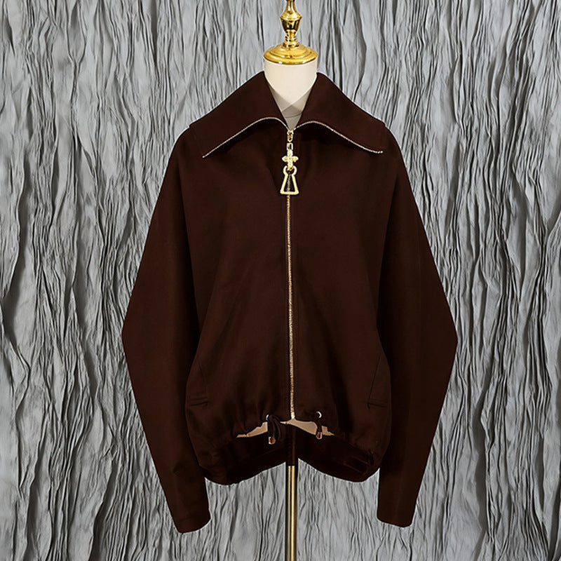 Women's Personalized Lapel Embroidery Stitching Loose Drawstring Coats