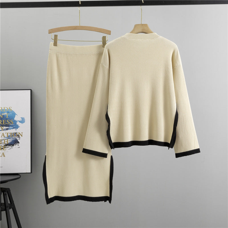 Women's Knitting Contrast Color Round Neck Slit Tops