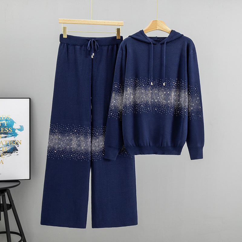 Women's Starry Hot Rhinestone Fashionable Knitted Autumn Hooded Fashion Casual Suit