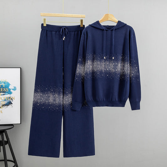 Women's Starry Hot Rhinestone Fashionable Knitted Autumn Hooded Fashion Casual Suit