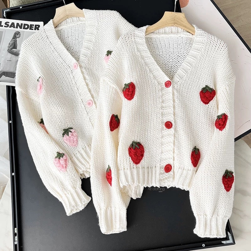 Fashion Three-dimensional Embroidered Strawberry Jacquard Knitted Soft Cardigans