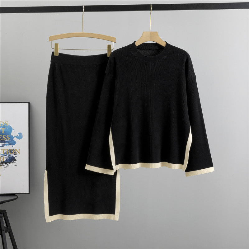 Women's Knitting Contrast Color Round Neck Slit Tops