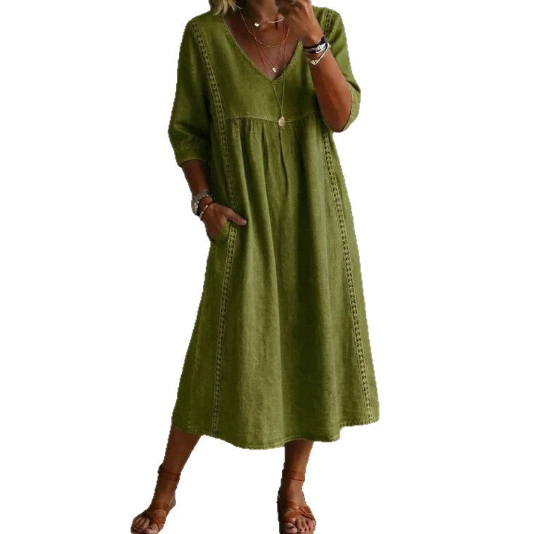 Casual Loose Stitching Lace Cotton Linen Dress