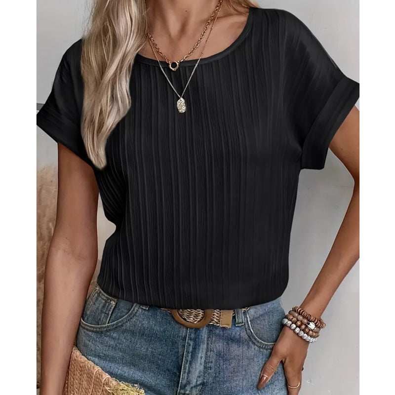 Women's Summer Short-sleeved Back Breasted Design Vertical Pattern Slim Fit Tops