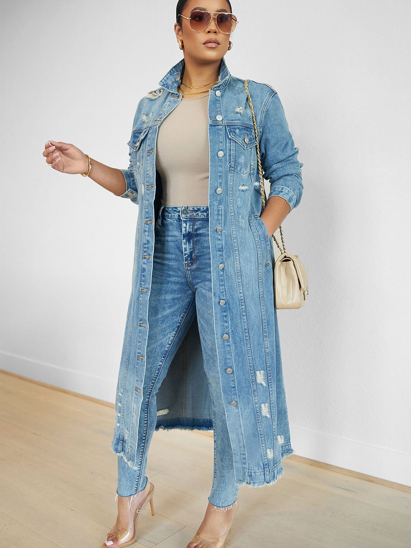 Women's Ripped Denim Real Pocket Long For Jackets