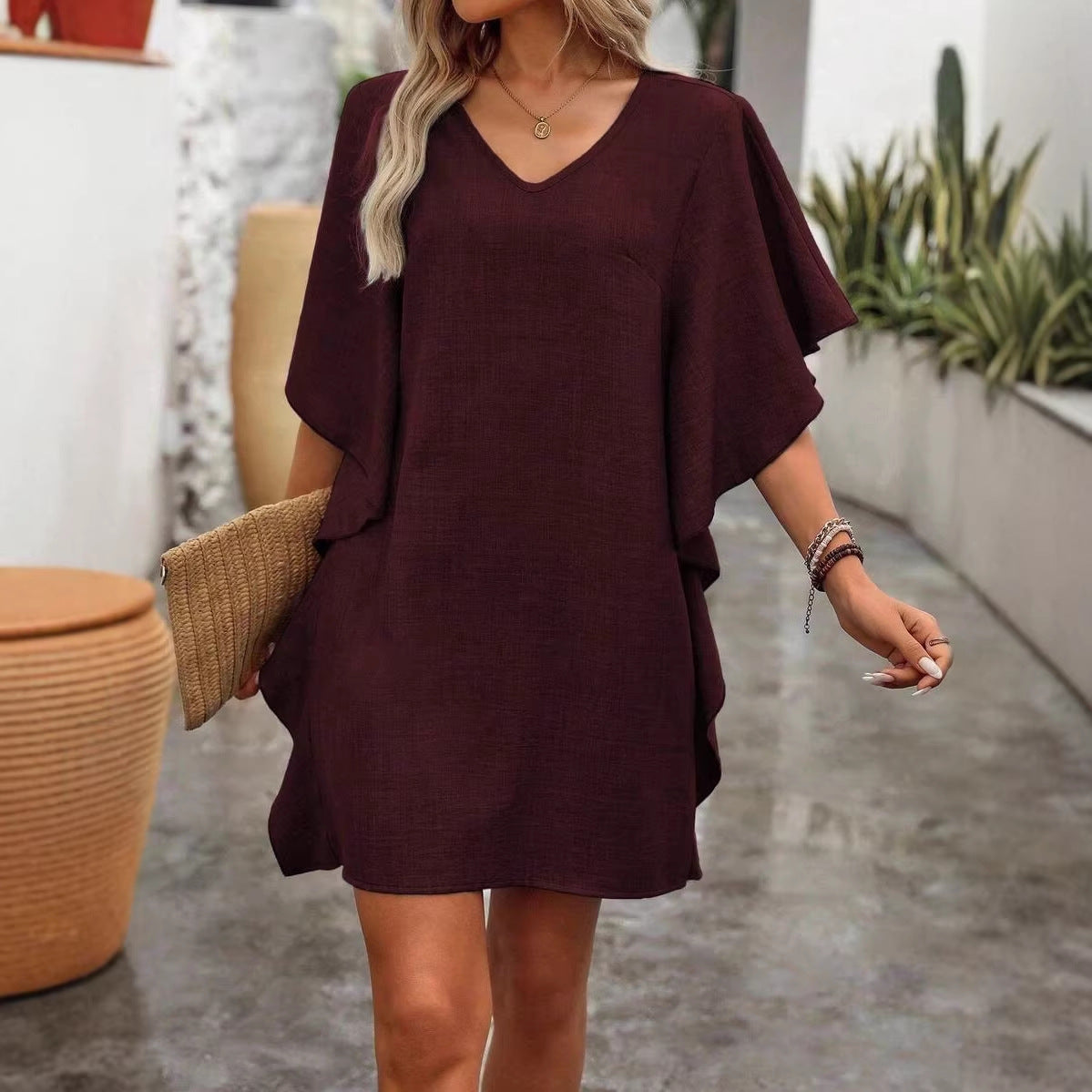 Women's Summer Solid Color Loose Lotus Leaf Dress