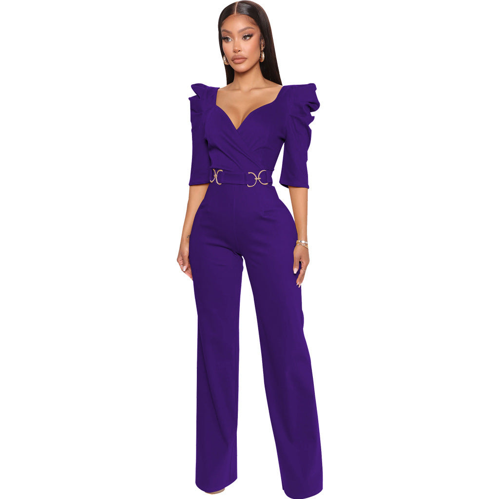 Women's Fashion Solid Color Three-quarter Length Sleeve Sexy Waist Jumpsuits