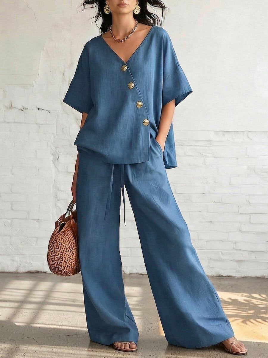 Women's Solid Color Loose Short-sleeved Drawstring Trousers Suits