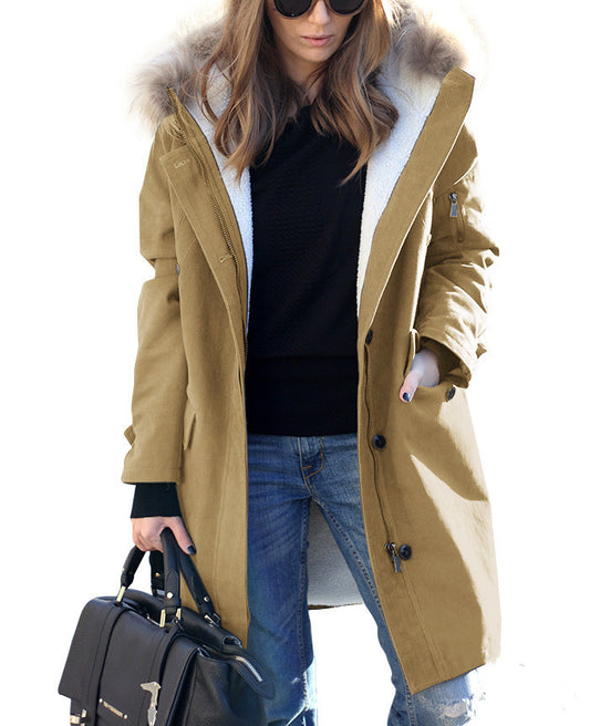 Women's Popular Single Hooded Fur Collar Long Coats
