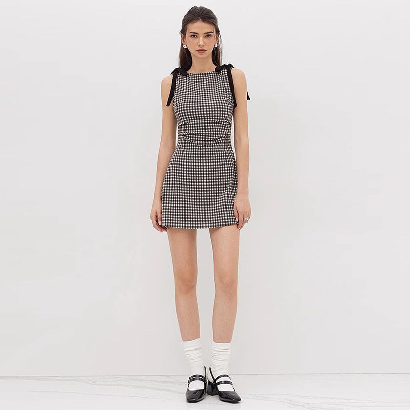 White Plaid Round Neck Pleated Bow Sleeveless Dresses