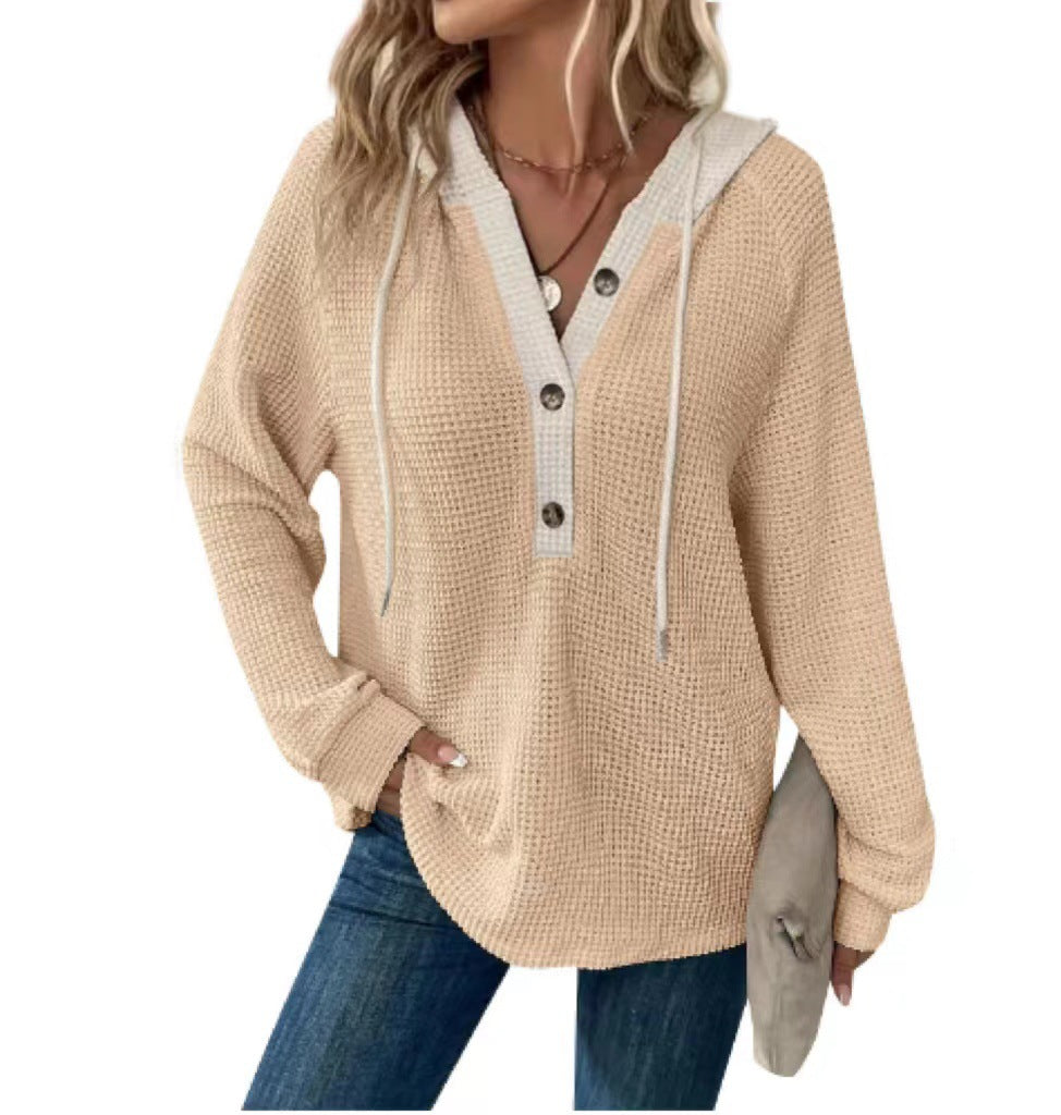 Women's Waffle Hooded Button Loose Long Sleeve Matching Women's Sweater, Sweater