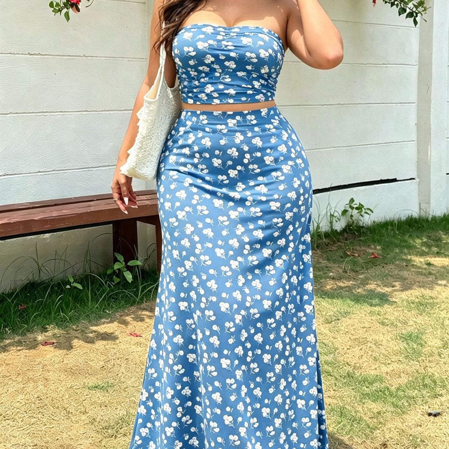 Summer French Style Small Floral Print Tube Vacation Two-piece Dress
